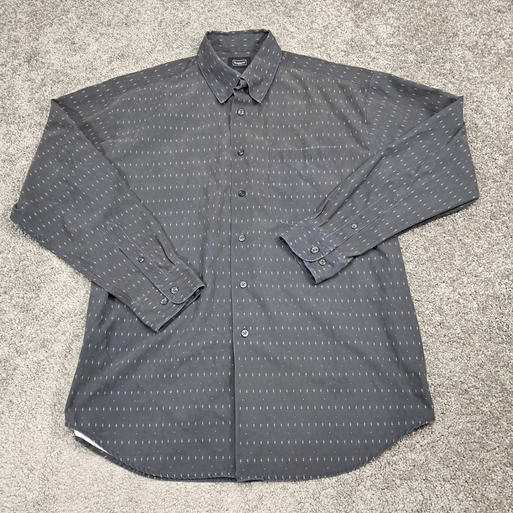 Haggar Mens Large Charcoal Grey Geometric Print Long Sleeve Button Down‎ Shirt